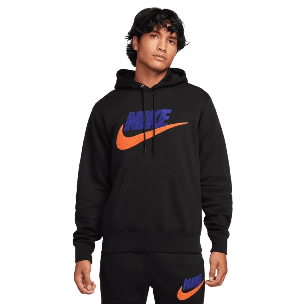 NIKE Club Fleece Pullover Hoodie Black Safety Orange FN3104-010 MEN'S SIZE SMALL